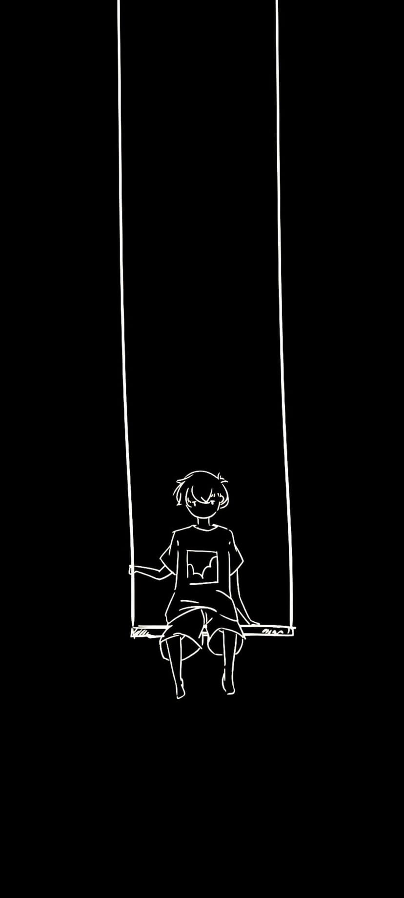 Child sitting on a swing in white line art against a solid black background, showing a minimalist silhouette.