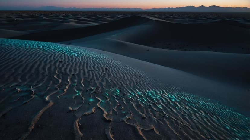 Rolling sand dunes at twilight feature glowing blue light along textured ripples under a dark evening sky.