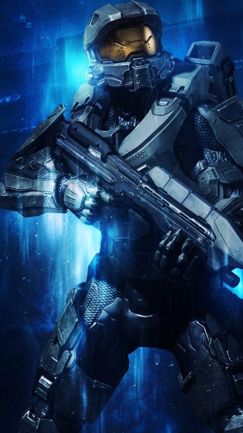 Master Chief in green armor holding an assault rifle against a glowing blue digital background with vertical light.