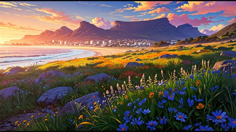 Orange and blue wildflowers bloom along a coastal meadow with a city and mountains under a golden sunset sky.