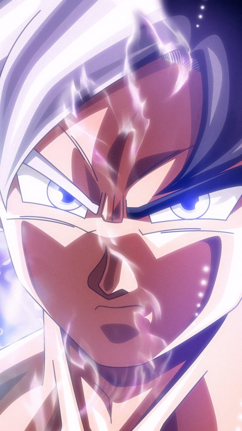 Goku with silver hair and blue eyes glows with a white and blue aura during his ultimate divine transformation.