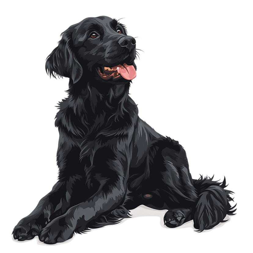 Black Flat-Coated Retriever dog sits looking up with its pink tongue out showing fluffy glossy fur textures.