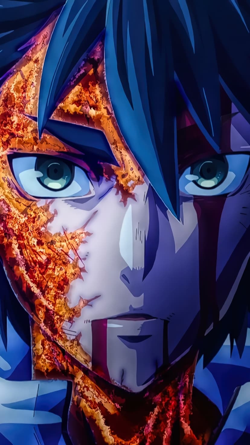 Male anime character with blue eyes and heavy orange facial scarring wears a determined expression in close-up.