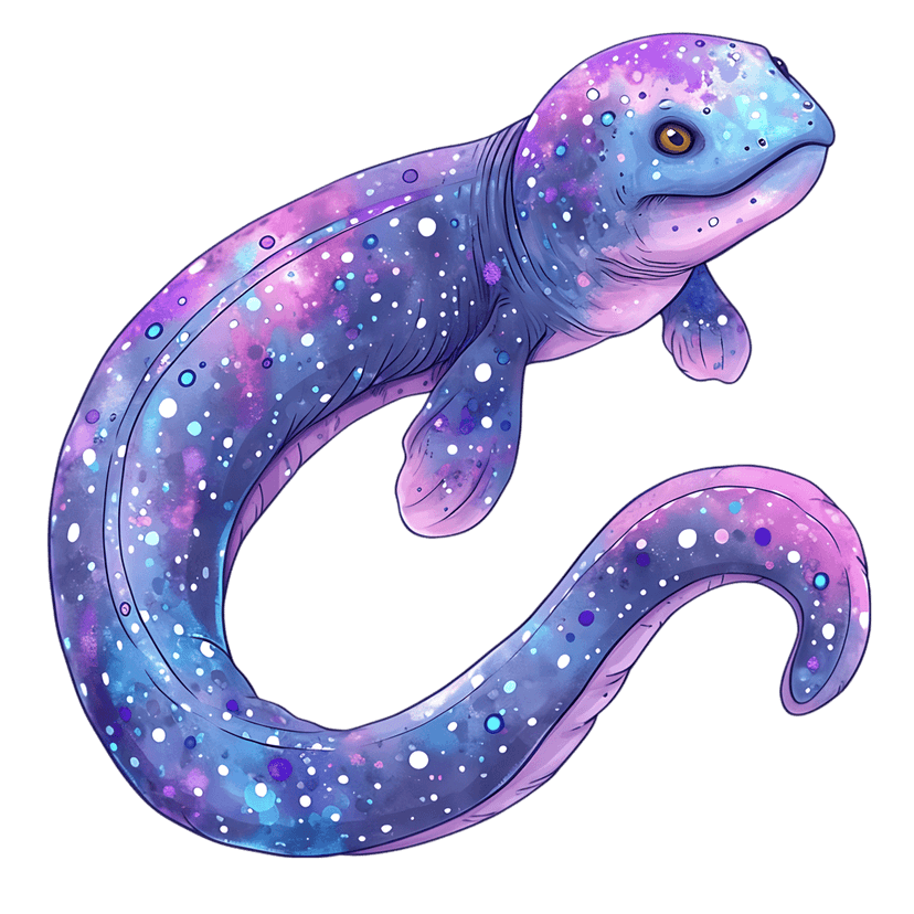 Salamander with purple and blue starry skin glows against a transparent background in a side profile view.
