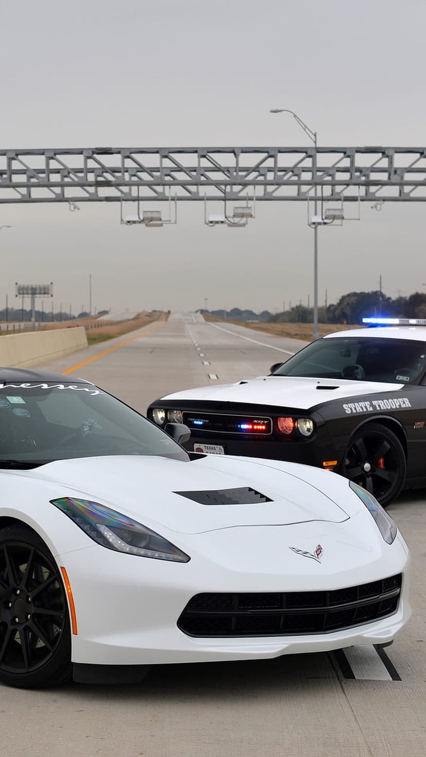 Black and white Dodge Challenger police car with flashing lights parked behind a white Corvette on a paved highway.
