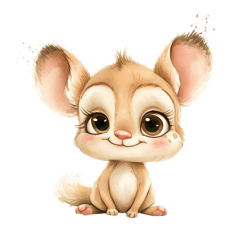 Watercolor mouse illustration with large ears and brown textured fur sits in a centered profile view.