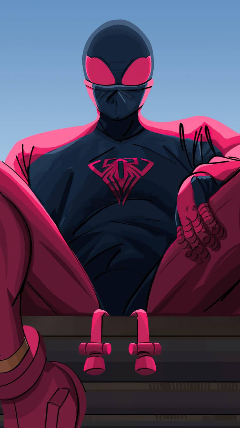 Masked hero in a magenta and black suit sits with web-shooters against a bright blue sky under soft daylight.
