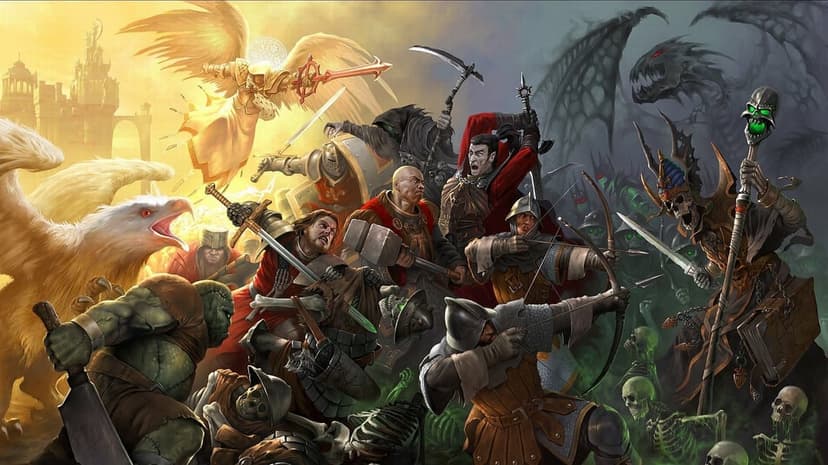 Angel with a flaming sword and griffin battle a necromancer and skeletons in an epic fantasy war landscape.