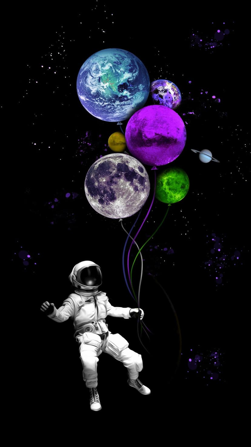 Astronaut in a white spacesuit holds onto colorful planet-shaped balloons while floating in a starry nebula.