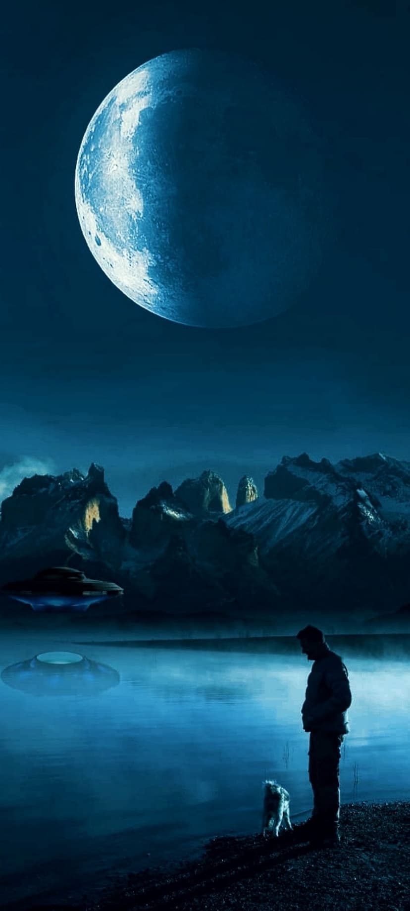 Man and dog silhouettes on a lakeshore under a giant moon with hovering UFOs and distant jagged mountains.