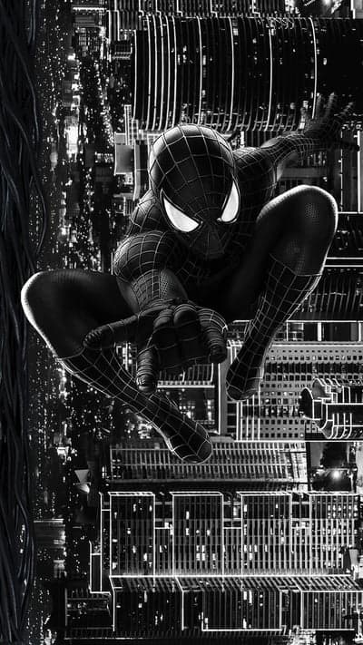 Spider-Man in Black Suit Leaps Through Grayscale Cityscape