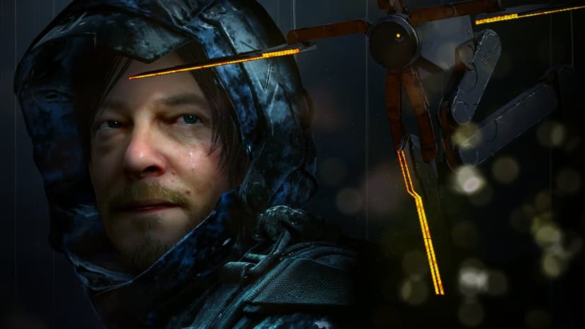 Sam Bridges with a tear on his cheek and a mechanical Odradek scanner glowing orange in a dark environment.