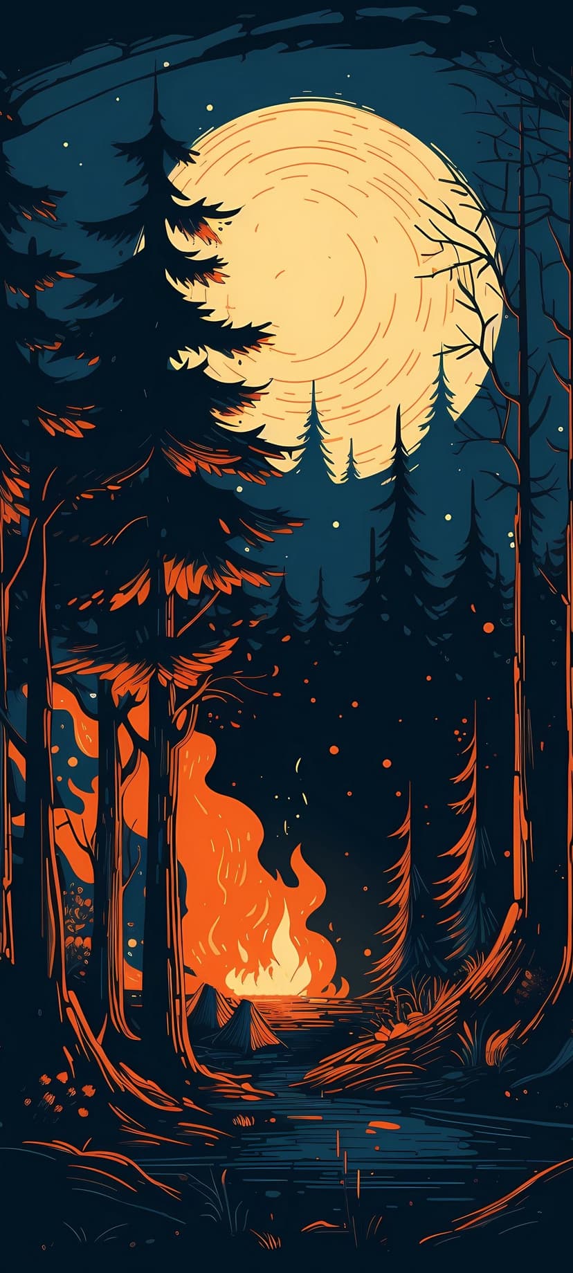 A glowing campfire beside a lake under a large moon surrounded by dark pine tree silhouettes in a night forest.