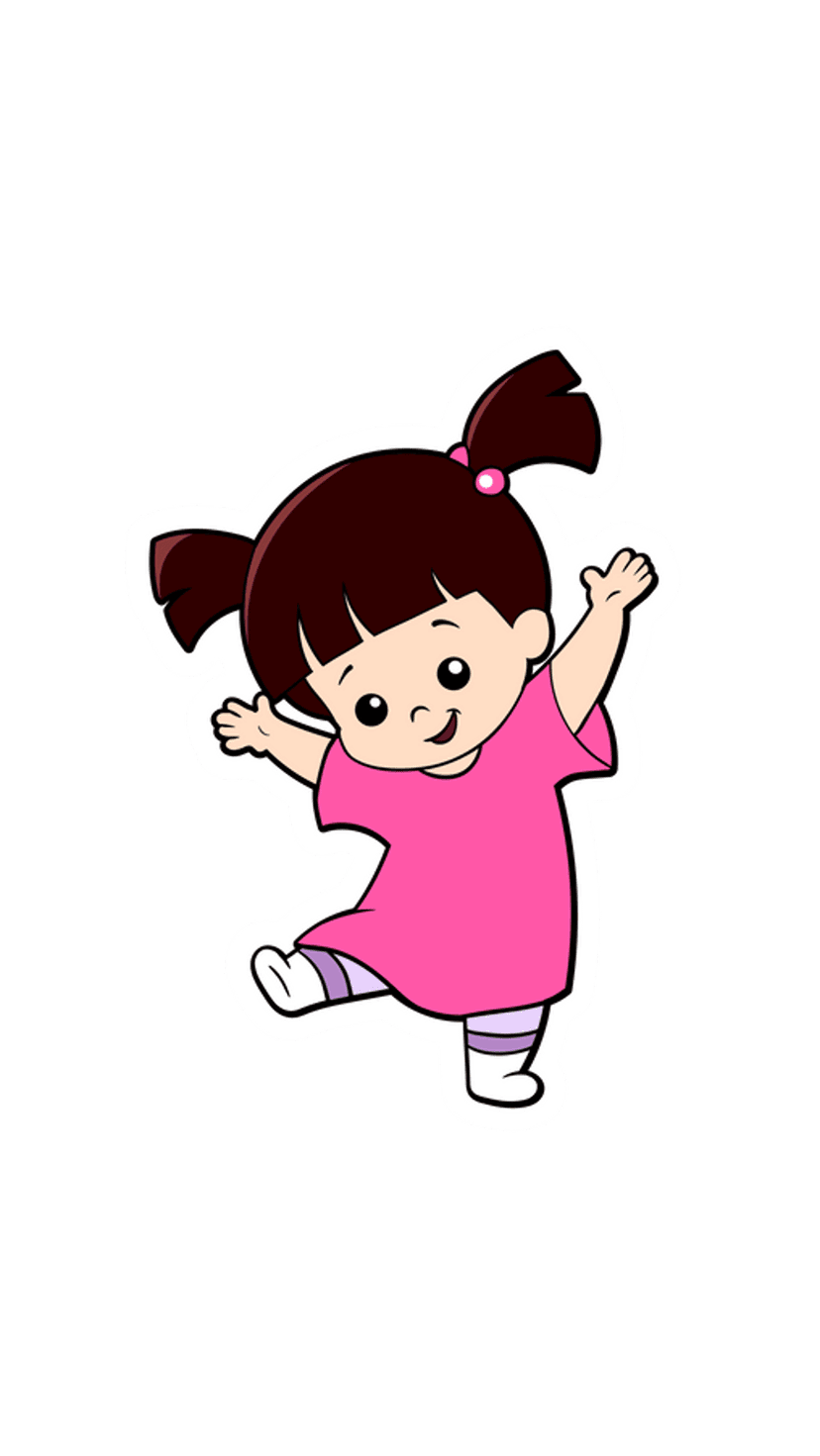 Boo from Monsters Inc raises her arms while wearing a pink nightshirt and striped leggings on a white background.
