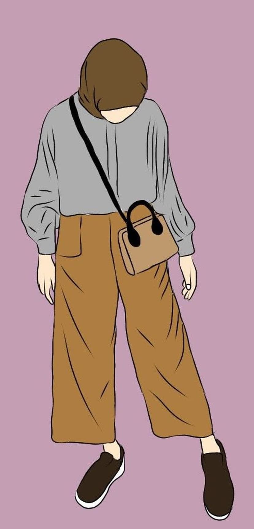 Woman in a brown hijab and wide-leg trousers wearing a crossbody bag stands against a soft lavender background.