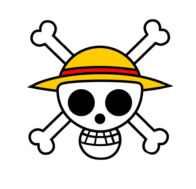 One Piece logo PNG features Luffy and Usopp flanking a white skull wearing a straw hat with a red ribbon.