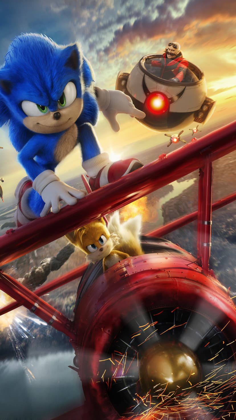Sonic the Hedgehog jumps on a red airplane wing while Tails pilots through explosions in a sunset sky.