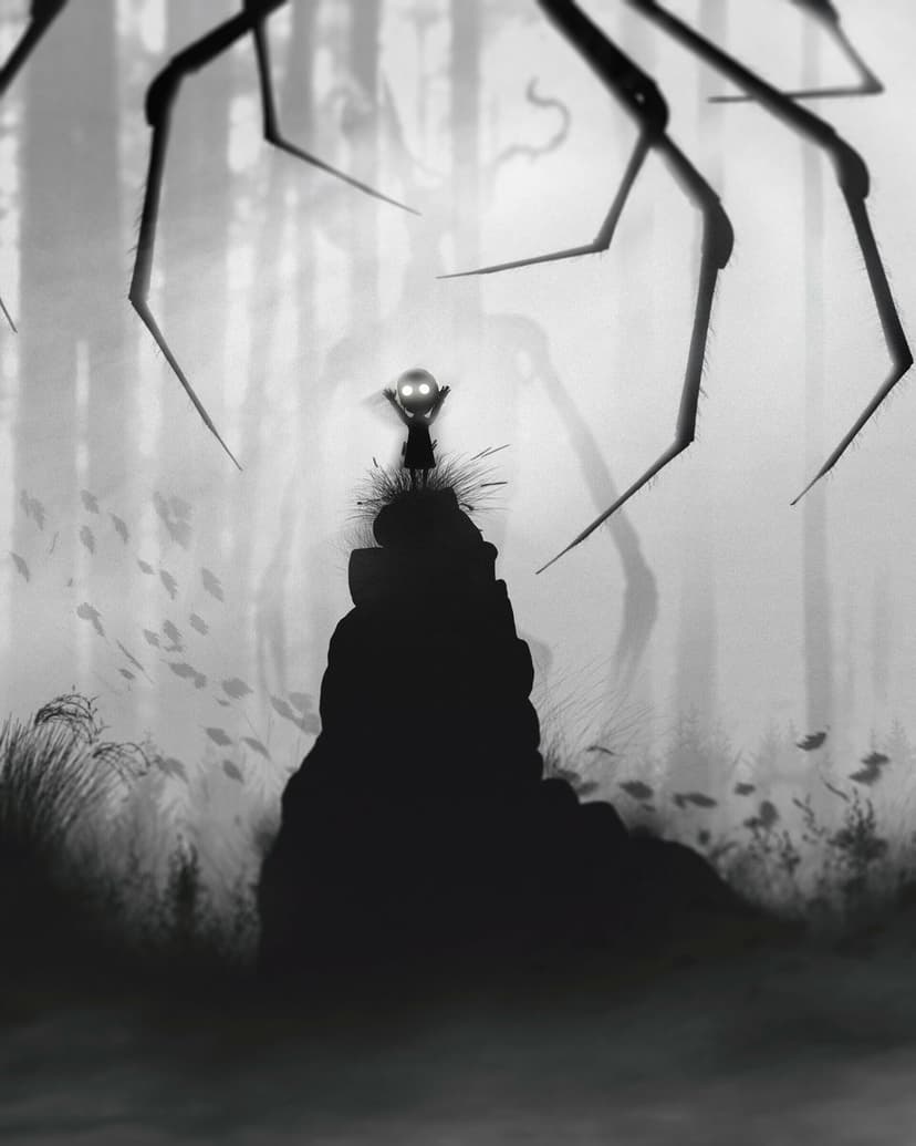 Small silhouette with glowing eyes stands on a rock beneath giant spider legs in a foggy monochrome forest.