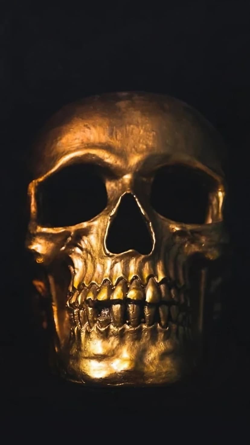 Golden human skull with a reflective metallic surface centered against a deep black background in sharp detail.