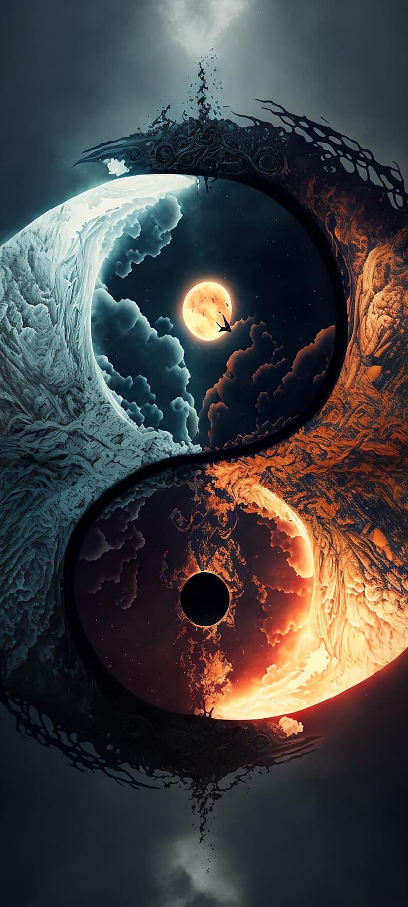 A circular yin yang composed of a flaming sun and frozen moon suspended among swirling nebular clouds and stars.
