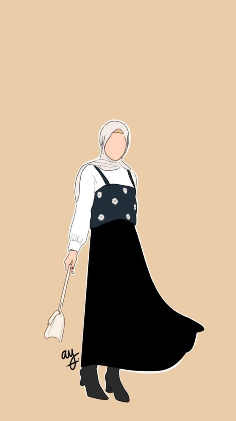Muslim woman in a floral navy dress, white hijab, and black boots stands holding a purse on a beige background.