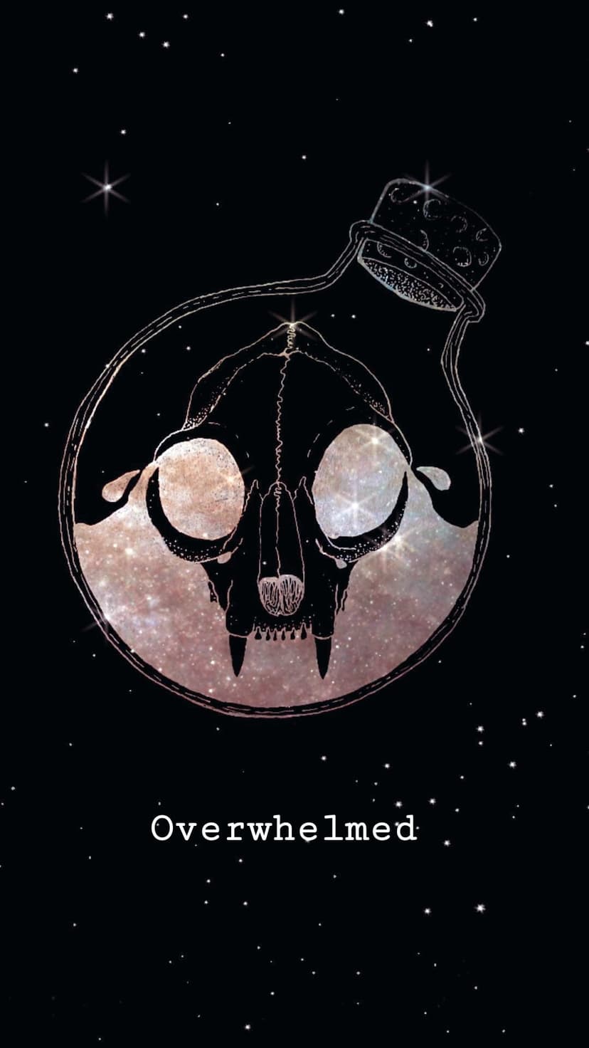 Skull inside a glass bottle surrounded by purple stars and a glowing nebula with the word Overwhelmed.