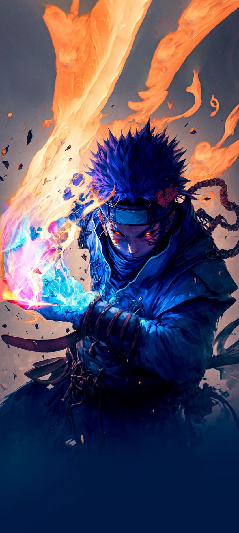 Ninja with spiky blue hair and red eyes holds glowing energy spheres amidst flickering orange and pink flames.