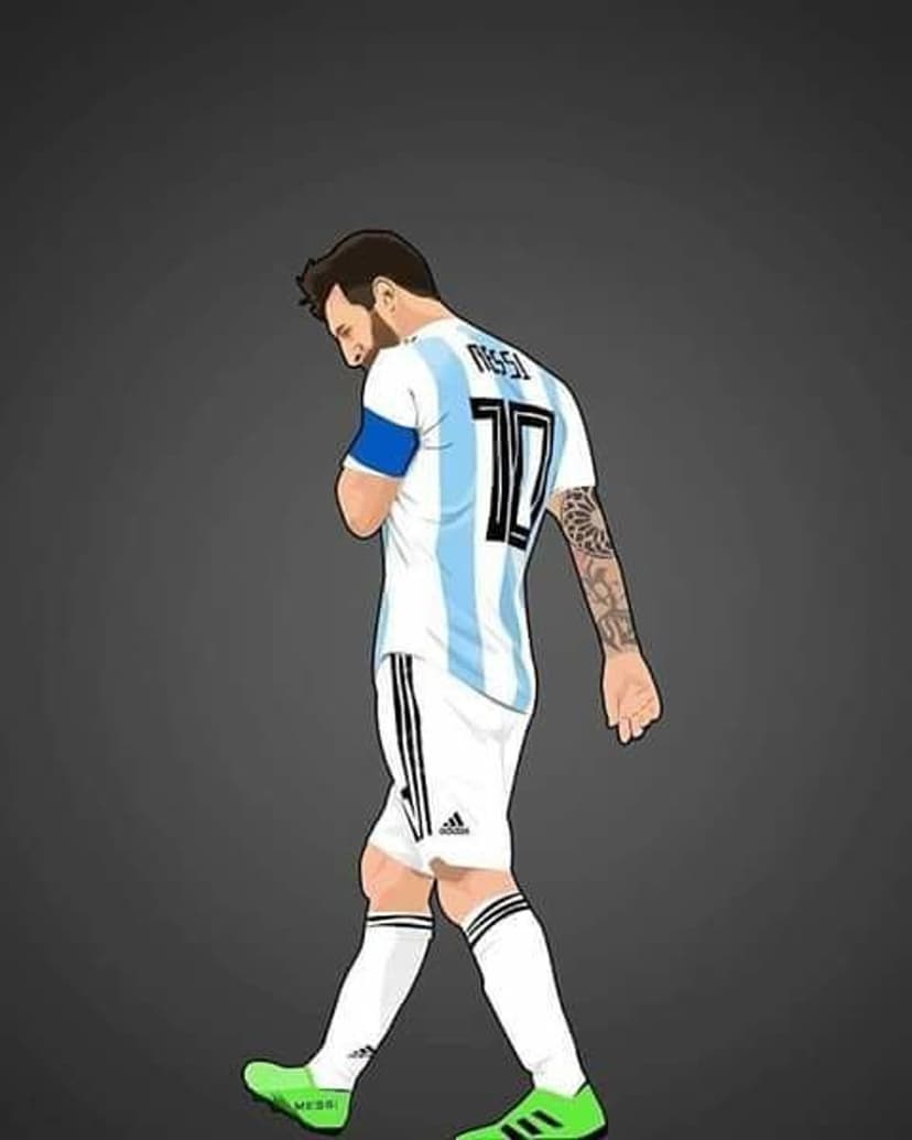 Lionel Messi seen from behind wearing an Argentina jersey with number 10 and arm tattoos on a black background.