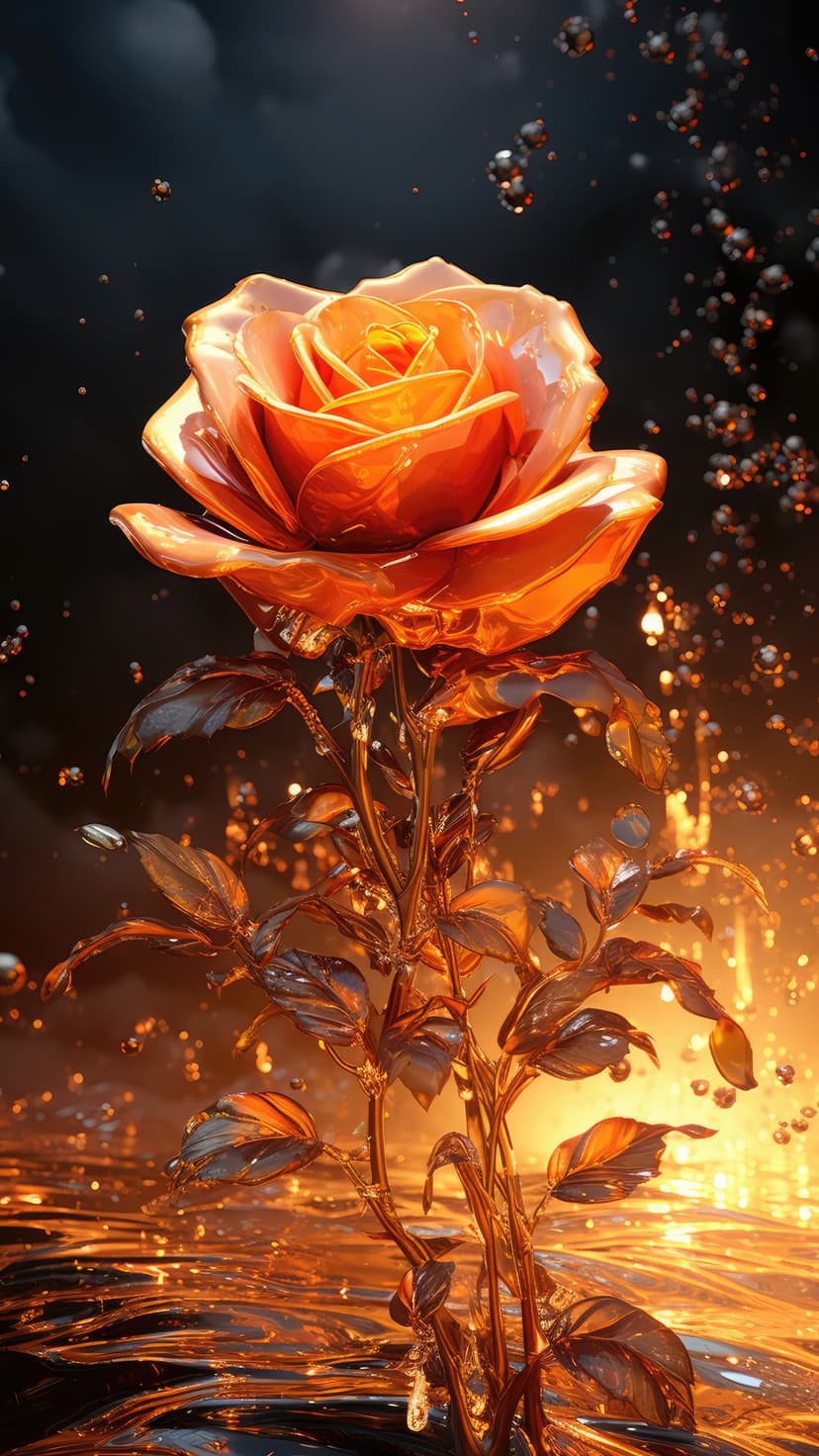 Orange rose made of molten gold rising from a pool of liquid metal with suspended droplets on a dark background