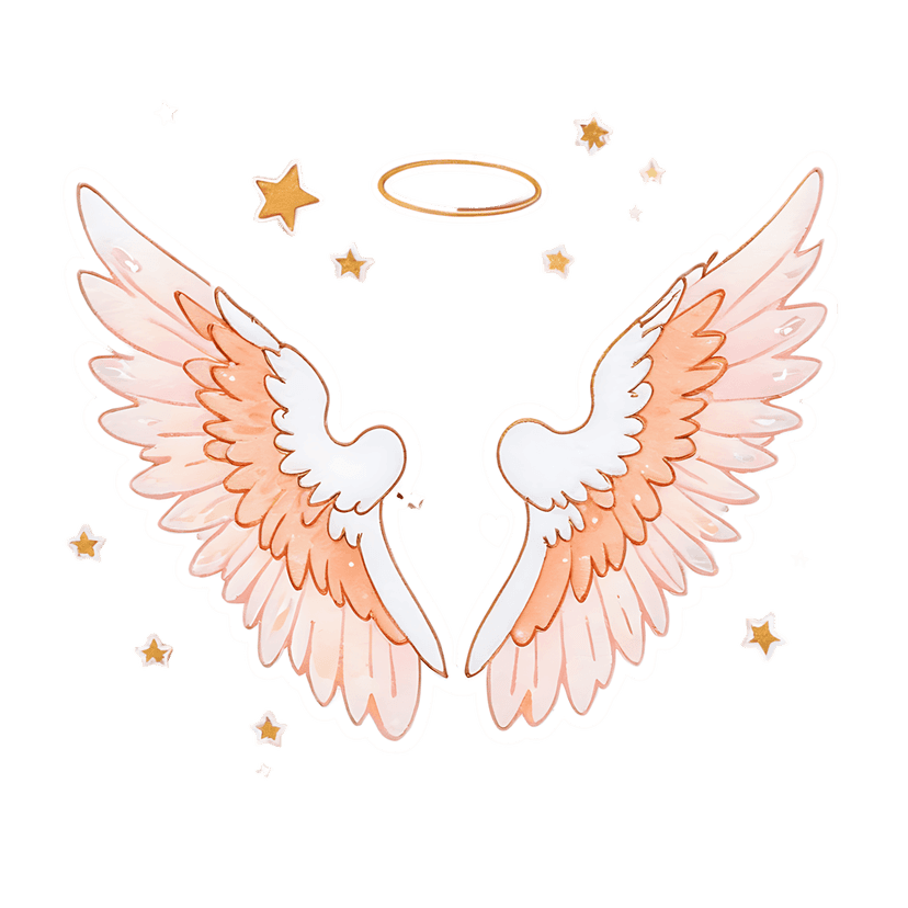 Angel wings sticker with peach watercolor textures, golden metallic outlines, a halo, and stars on white space.