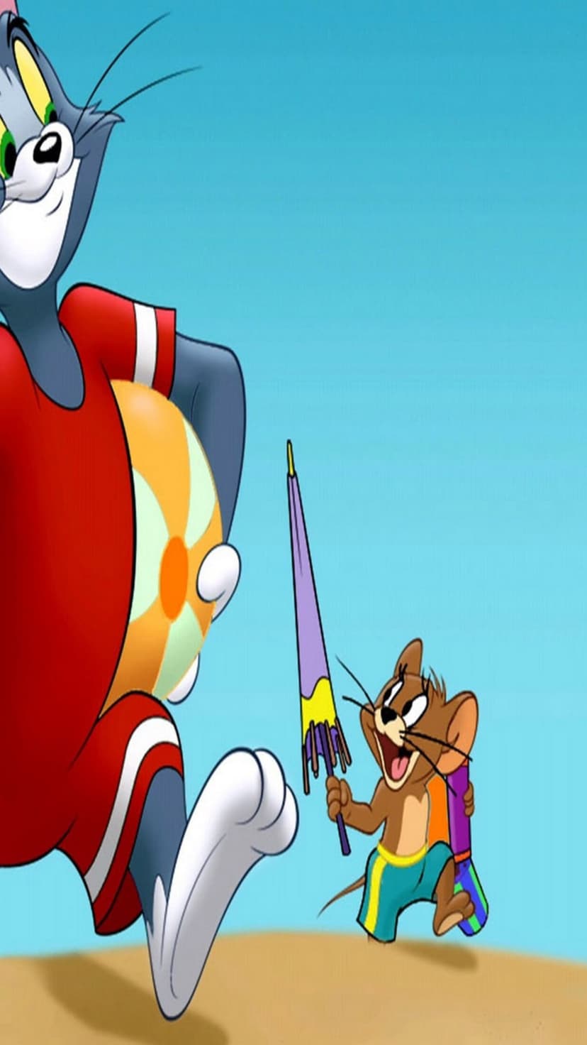 Tom cat in a striped swimsuit holds a beach ball while Jerry mouse carries a sun umbrella on a sandy beach.
