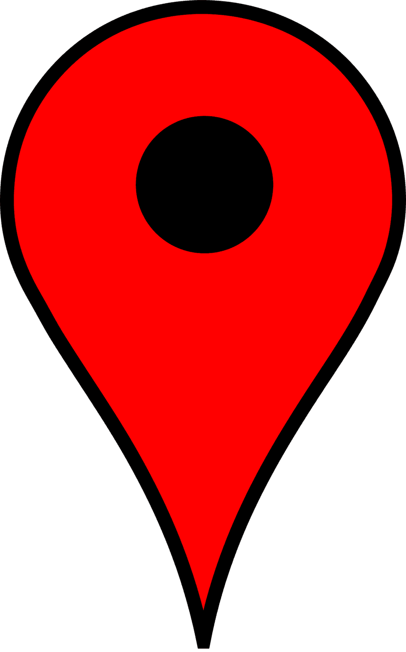 Red location pin icon with a black center circle used for marking specific geographical coordinates on maps.