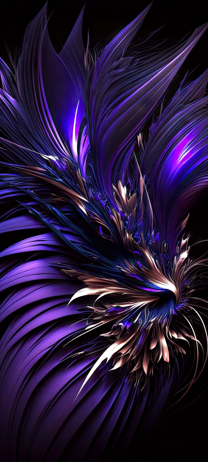 Purple and blue fractal flower with glowing feather petals and gold accents against a black background.