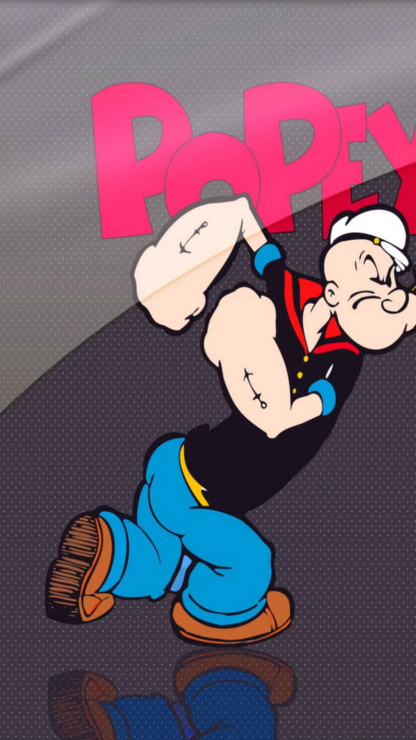 Popeye the Sailor Man flexes large biceps against a dotted backdrop with pink text and a reflection below him.