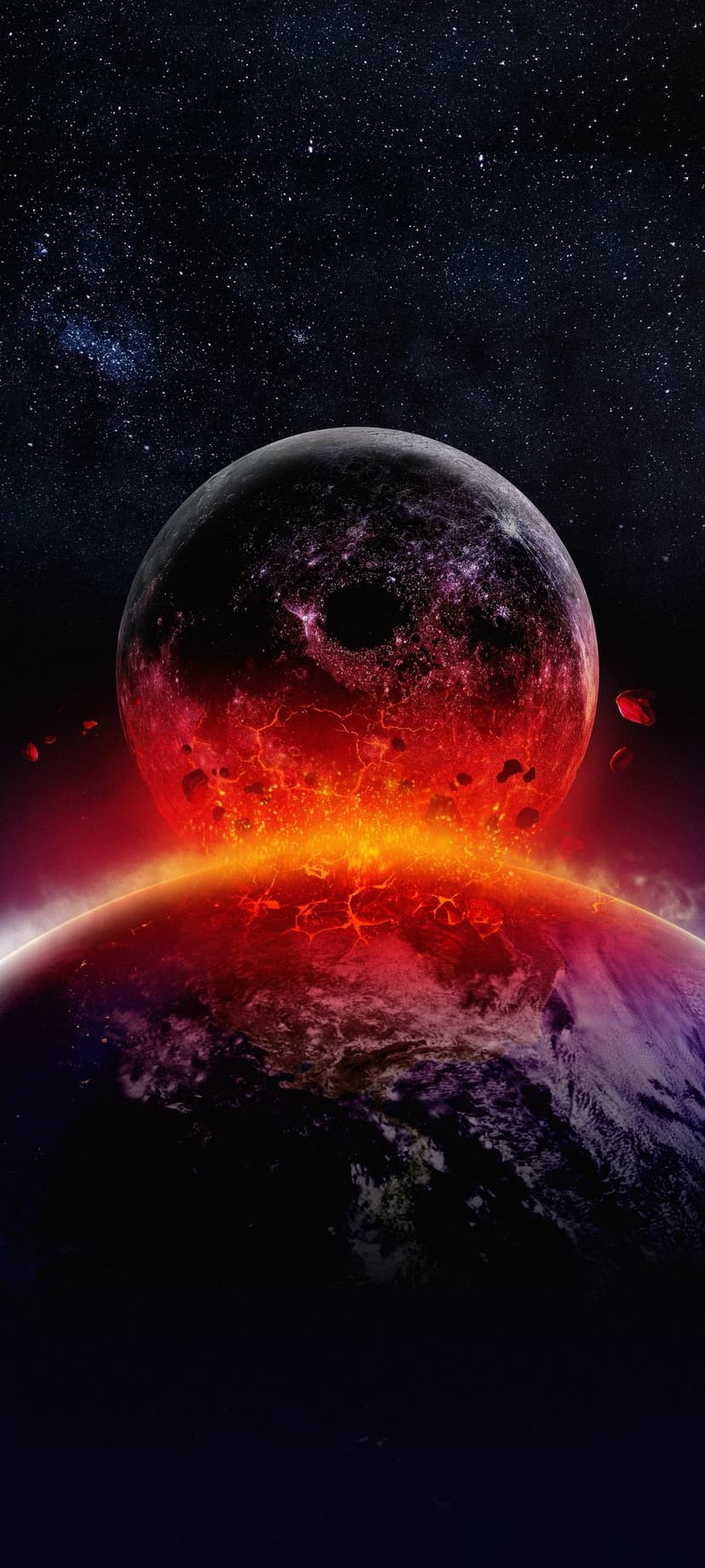 Two planets crashing into each other with glowing magma and flying debris against a dark space background.