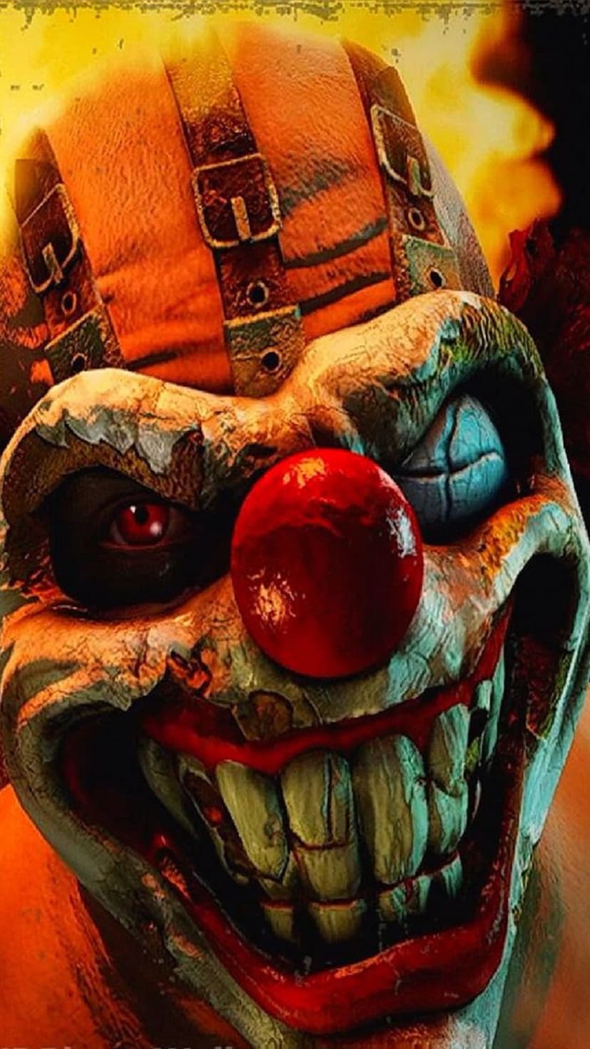 Malignant clown face with cracked white makeup, jagged yellow teeth, and a glowing red eye in dark amber lighting.
