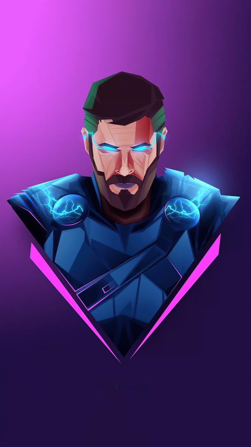 Thor with glowing blue eyes and neon lightning armor stands against a dark purple geometric background.