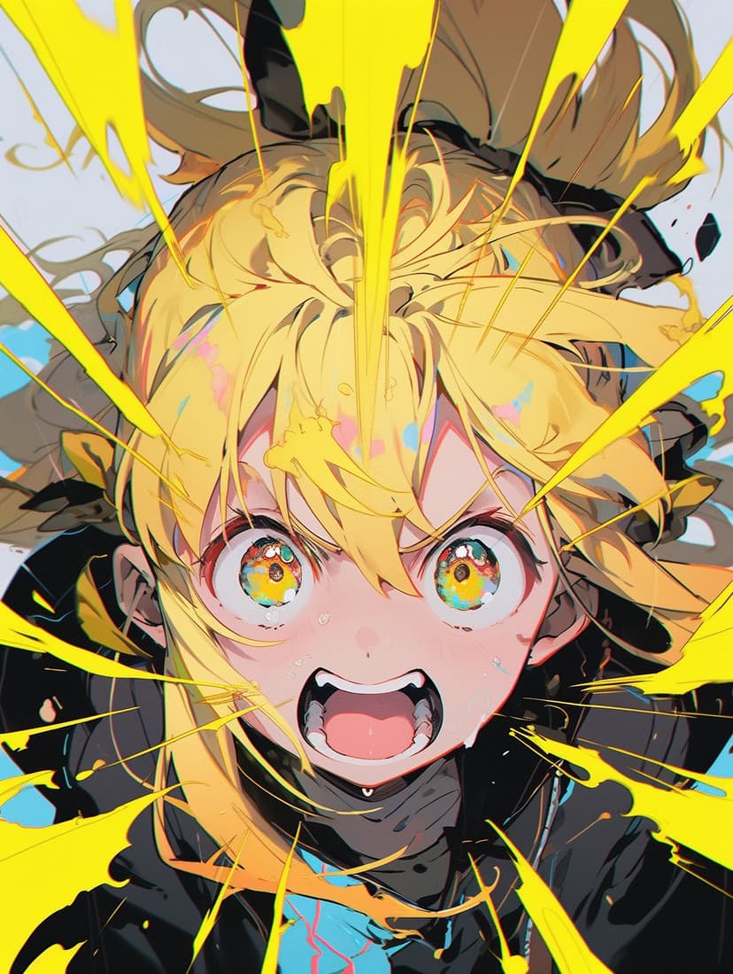 Blonde anime girl with wide colorful eyes screams in shock as a bright yellow explosion surrounds her face.