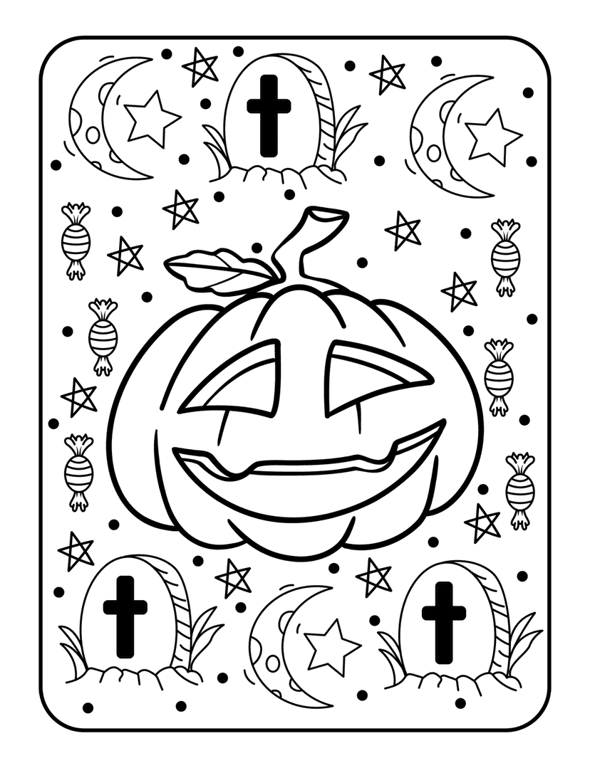 Halloween coloring page depicting a carved pumpkin resting near tombstones under a crescent moon and stars.