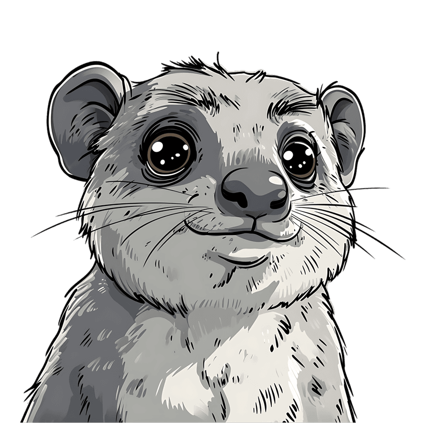 Rock hyrax cartoon character features large eyes, whiskers, and grey fur on a transparent background.