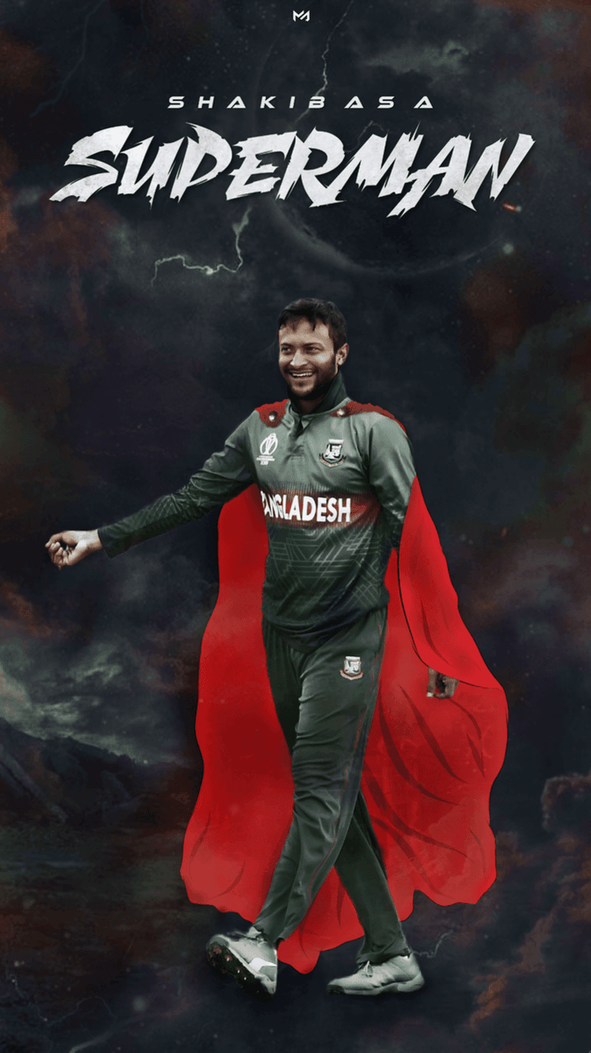 Shakib Al Hasan wearing a green cricket uniform and red cape walks through a dark, cloudy mountain landscape.