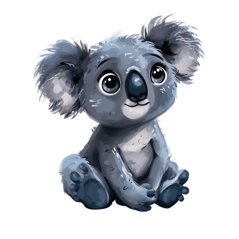Koala watercolor illustration features a grey baby animal looking upward with large eyes and fluffy ears.