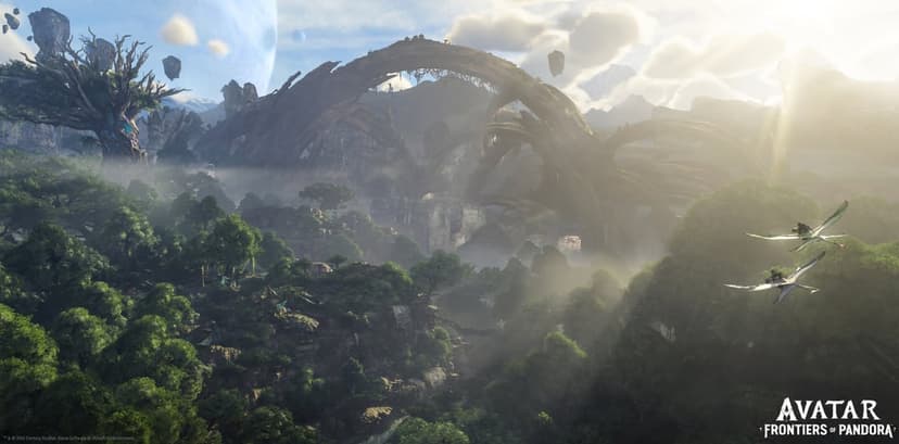 Lush alien jungle with giant stone arches, flying banshees, and large planets in a bright sunlit sky.
