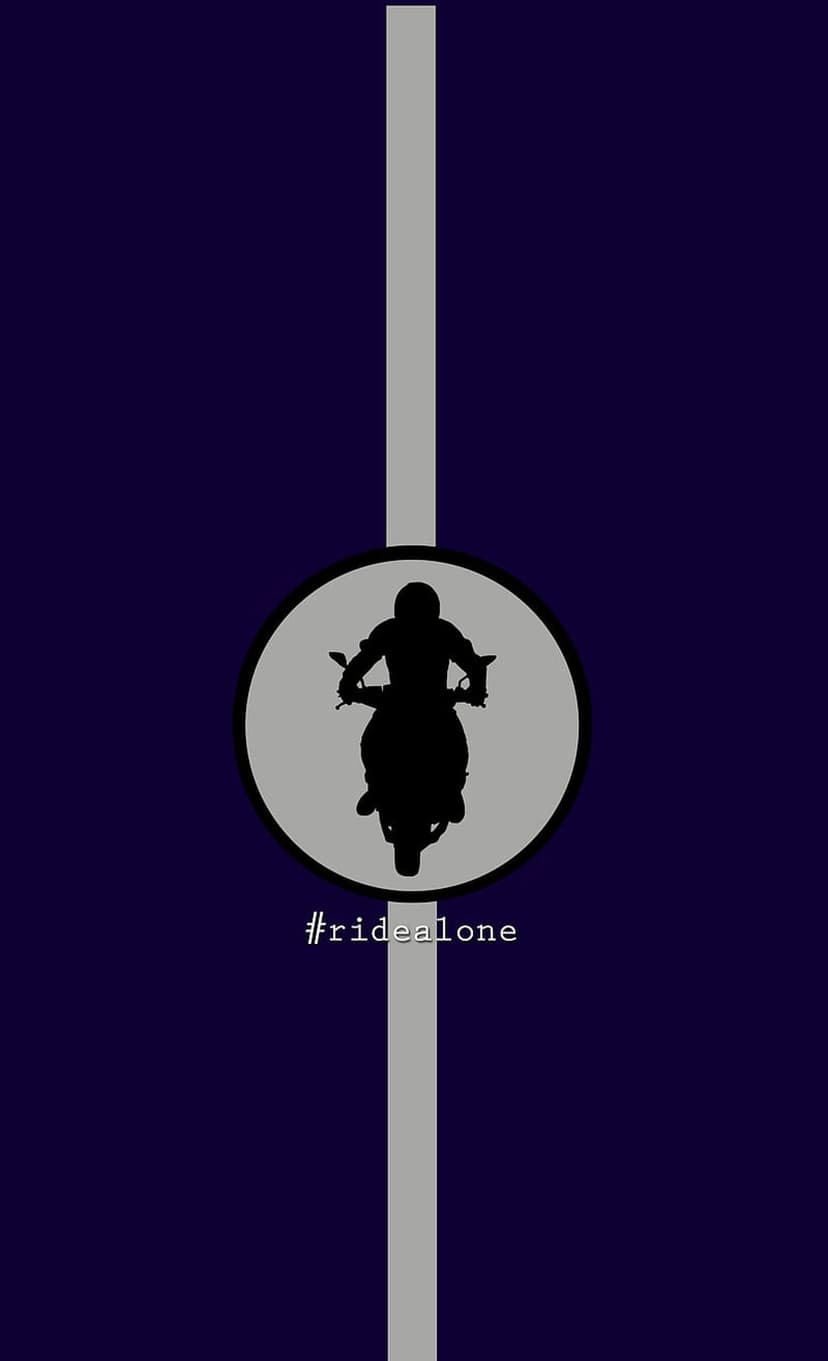 Motorcyclist silhouette in a grey circle over a vertical stripe on a dark blue background with hashtag text.