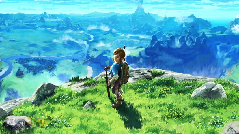 Link looks back from a grassy cliff overlooking a vast blue kingdom with distant mountains and a volcano.