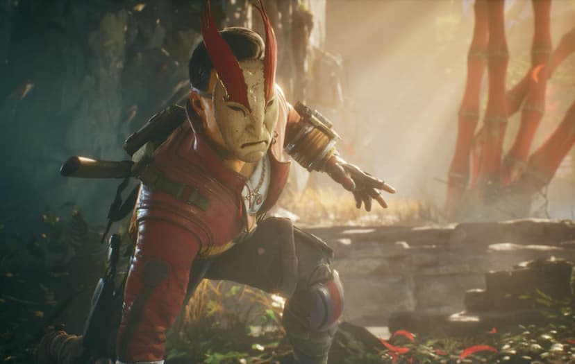 Lo Wang in a white mask and red jacket crouches in a sunlit jungle with red bamboo and cinematic god rays.