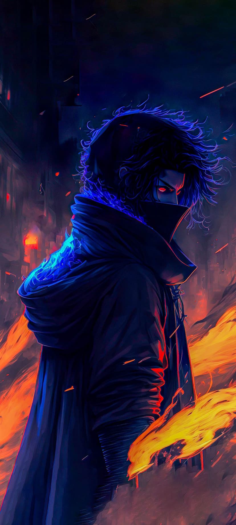 Masked warrior with glowing red eyes and blue energy collar stands in front of a burning city skyline.
