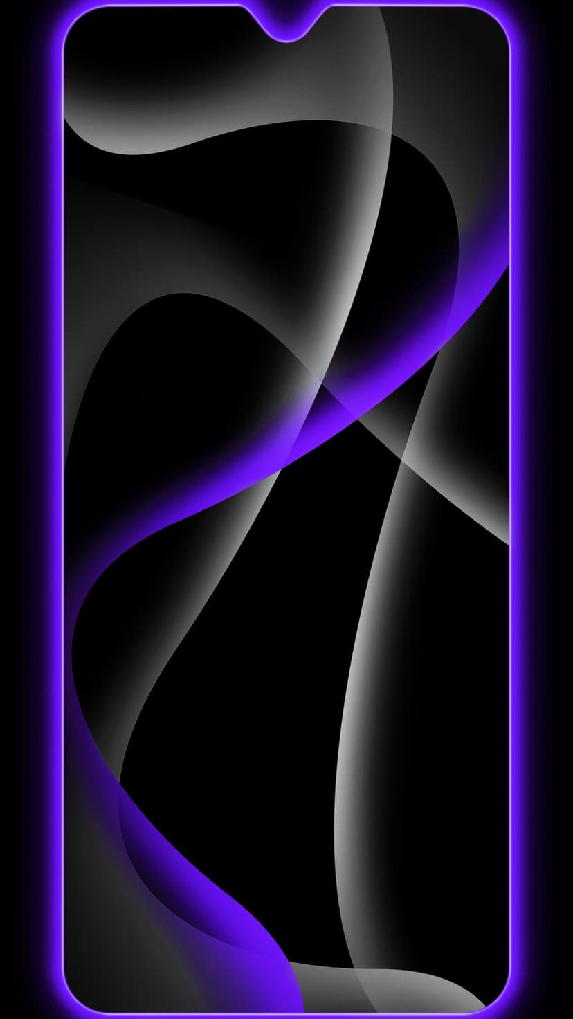 Swirling purple neon ribbons and gray fluid waves flow across a solid black vertical smartphone background.