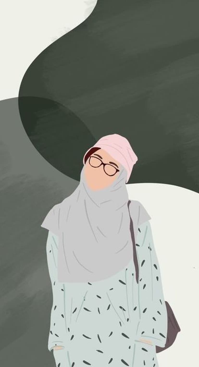 Muslim woman wearing glasses and a hijab poses against a backdrop of fluid abstract shapes and muted colors.