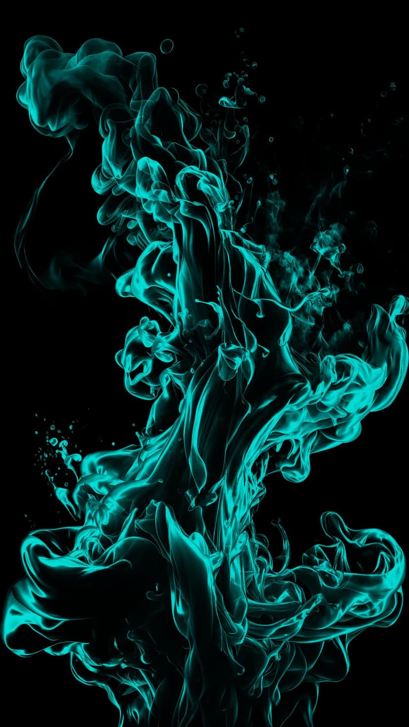 Turquoise smoke swirls and cyan ink billows with tiny particles against a solid deep black background.